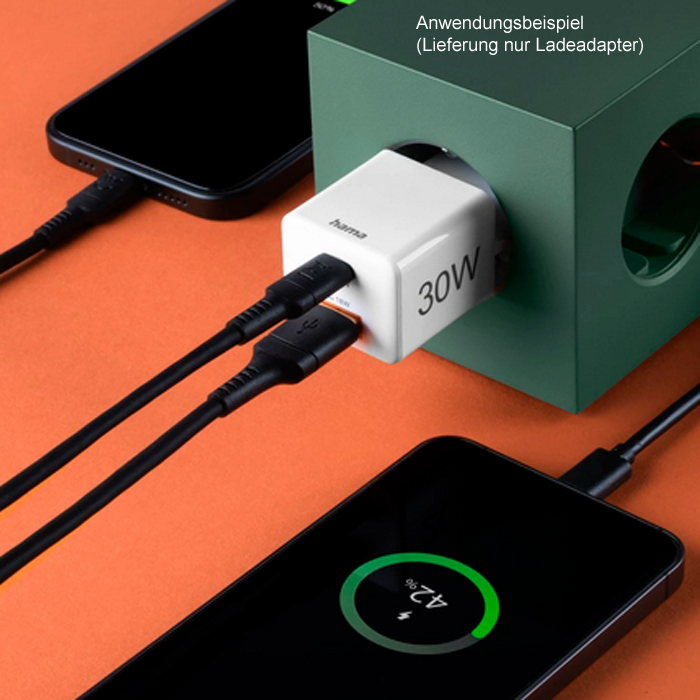 Hama 30W Schnellladegerät, 1x USB-C PD, 1x USB-A QC, Mini Ladegerät, weiß